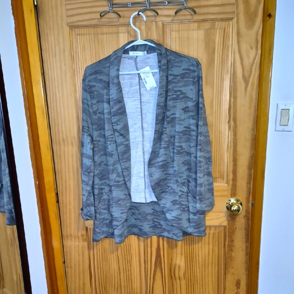 Green  Camo Print Open Cardigan